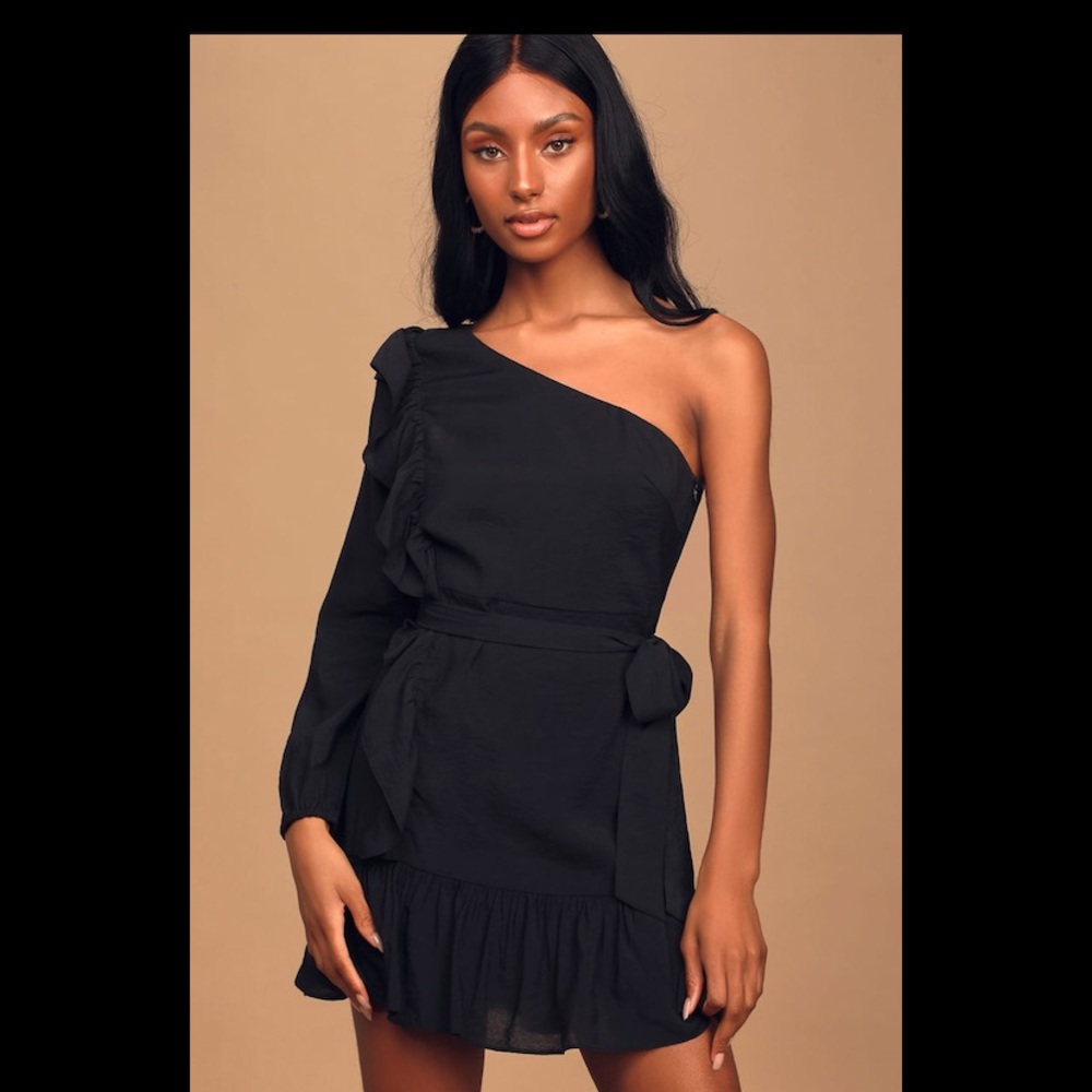 Black One-Shoulder Ruffled Mini Dress - Picture 2 of 4